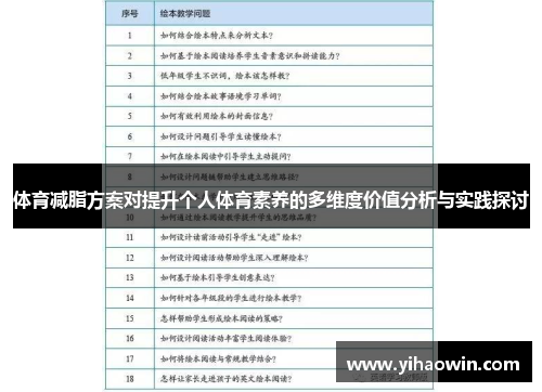 体育减脂方案对提升个人体育素养的多维度价值分析与实践探讨